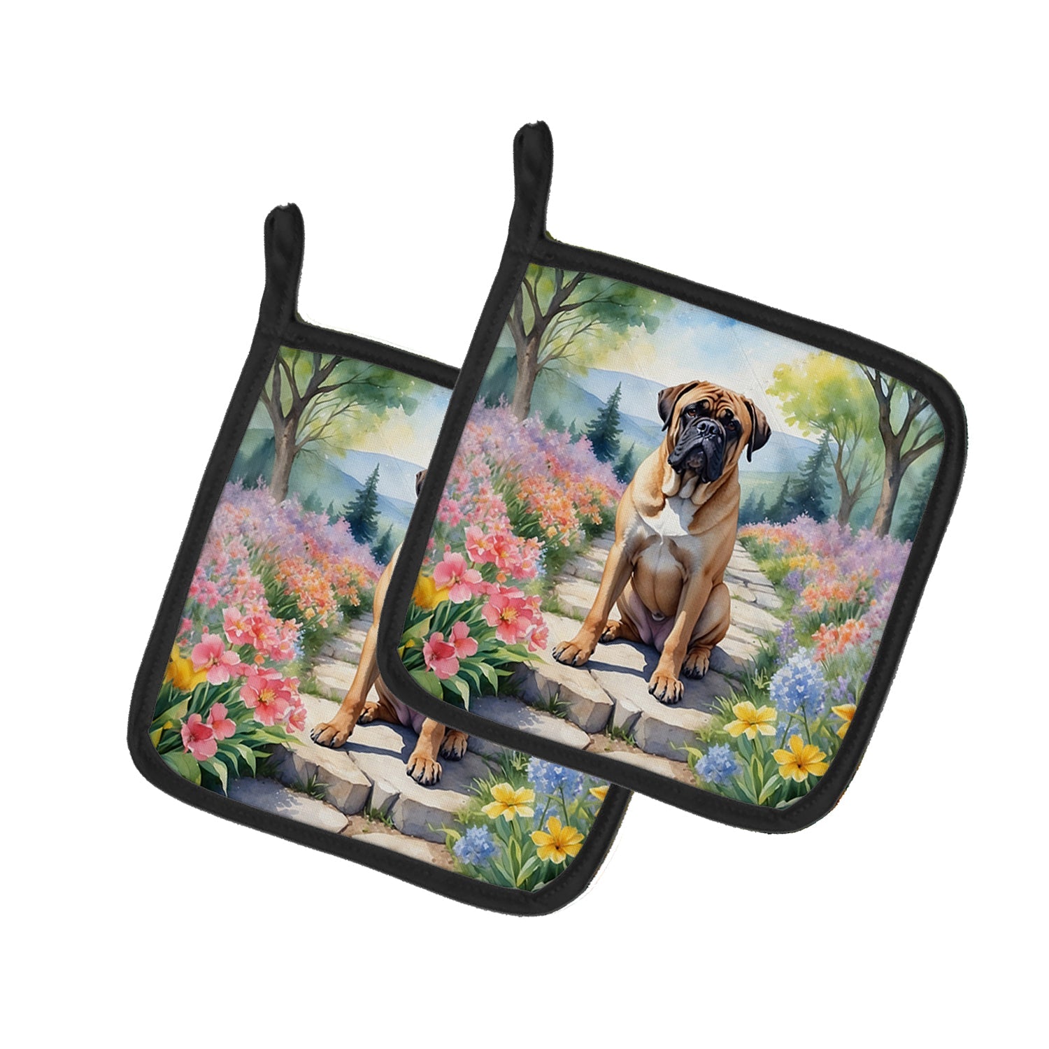 Bullmastiff Spring Path Pot Holder Set of 2 Heat Resistant Quilted Hot Pads 7.5 x 7.5 Inch, Insulated Kitchen Trivets for Cooking & Baking