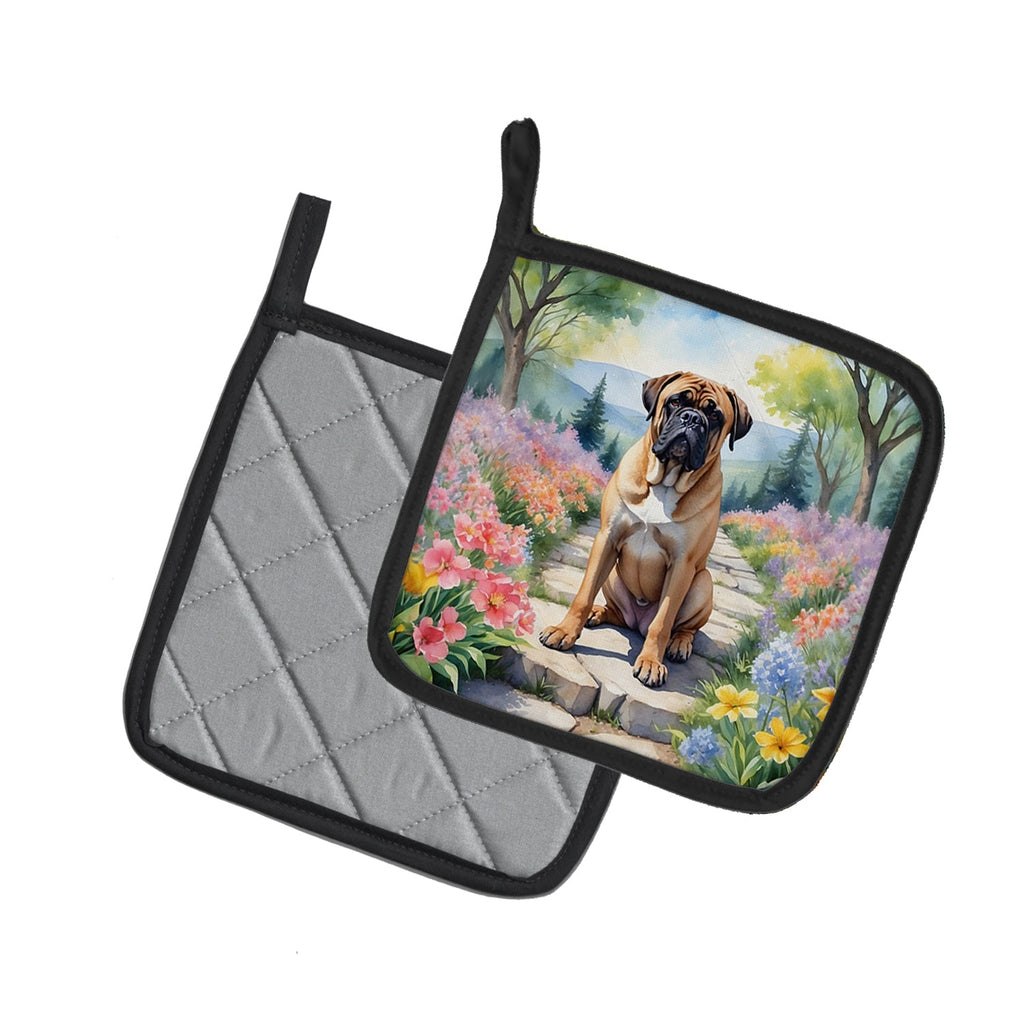 Bullmastiff Spring Path Pot Holder Set of 2 Heat Resistant Quilted Hot Pads 7.5 x 7.5 Inch, Insulated Kitchen Trivets for Cooking & Baking