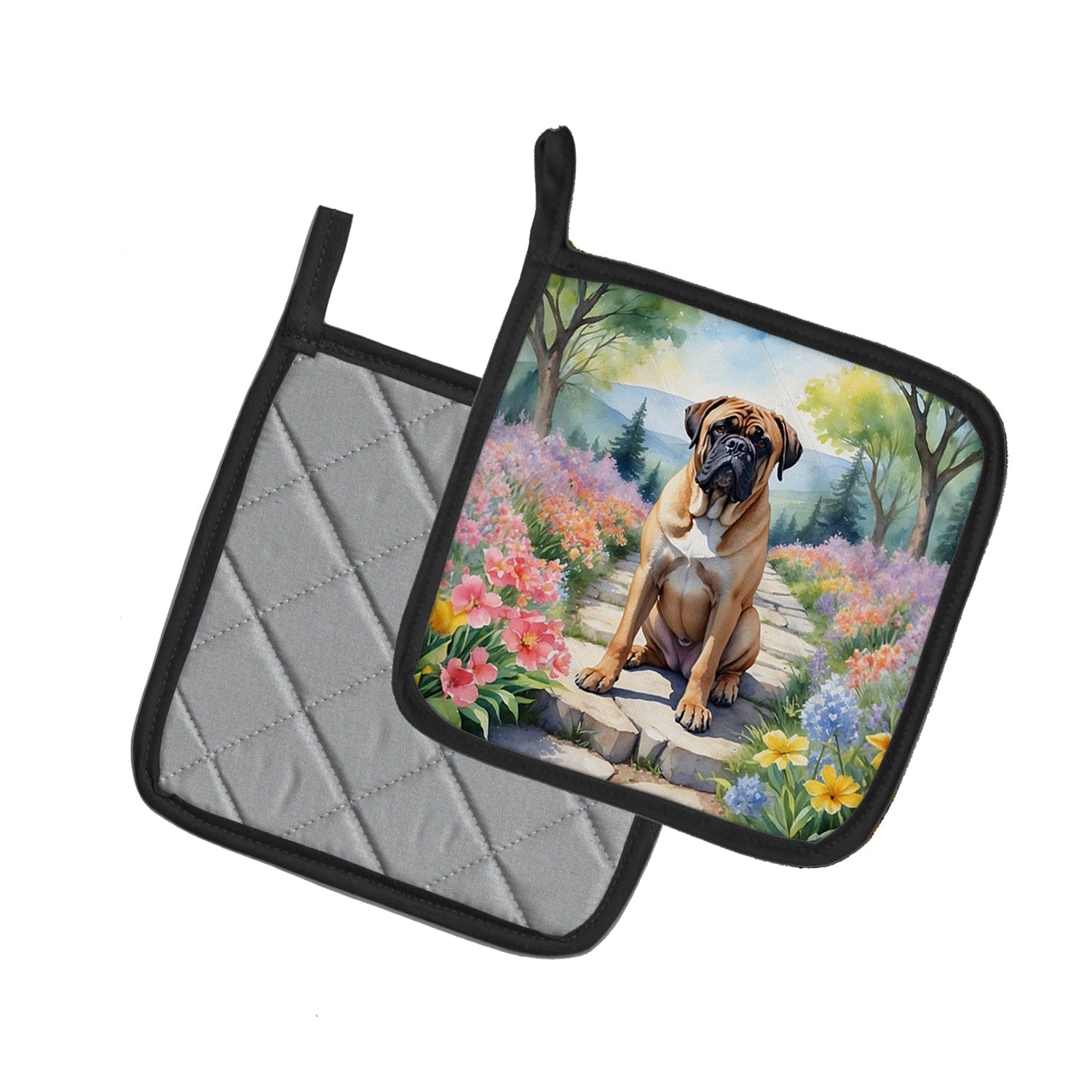 Bullmastiff Spring Path Pot Holder Set of 2 Heat Resistant Quilted Hot Pads 7.5 x 7.5 Inch, Insulated Kitchen Trivets for Cooking & Baking