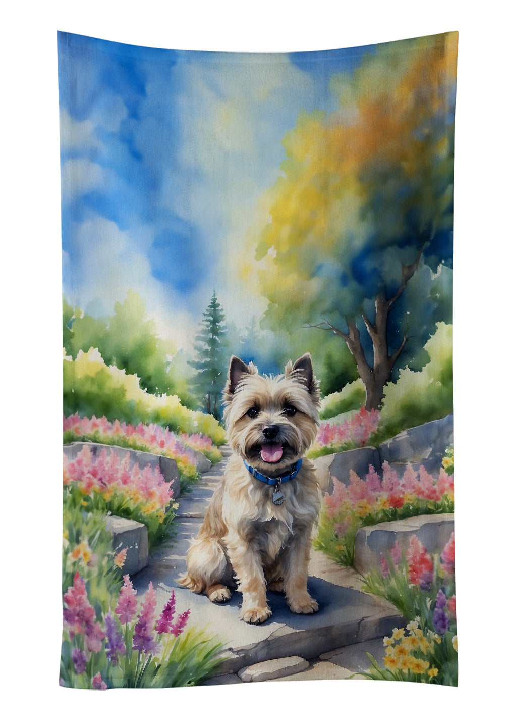 Cairn Terrier Spring Path Kitchen Towel Velour Plush Front and Cotton Loop Back Machine Washable