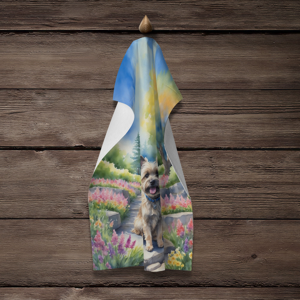 Cairn Terrier Spring Path Kitchen Towel Velour Plush Front and Cotton Loop Back Machine Washable