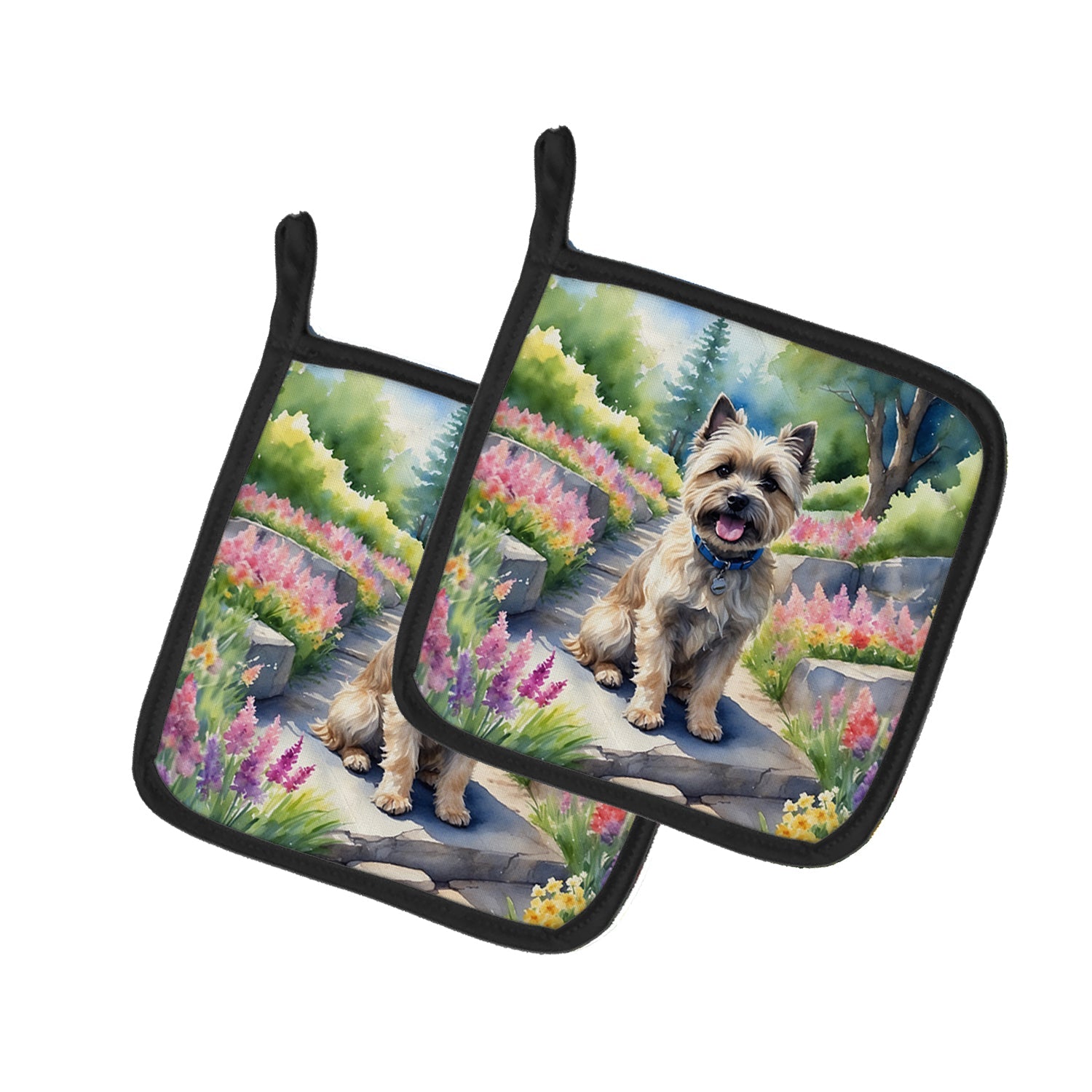 Cairn Terrier Spring Path Pot Holder Set of 2 Heat Resistant Quilted Hot Pads 7.5 x 7.5 Inch, Insulated Kitchen Trivets for Cooking & Baking