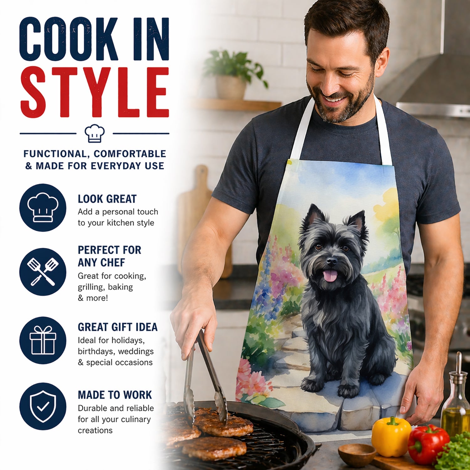 Cairn Terrier Spring Path Apron Cooking Kitchen Server Baking Crafts Gardening for Adult Women Men, Unisex, Large, Multicolor