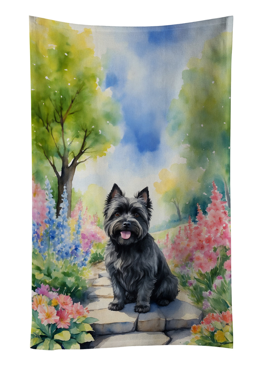 Cairn Terrier Spring Path Kitchen Towel Velour Plush Front and Cotton Loop Back Machine Washable