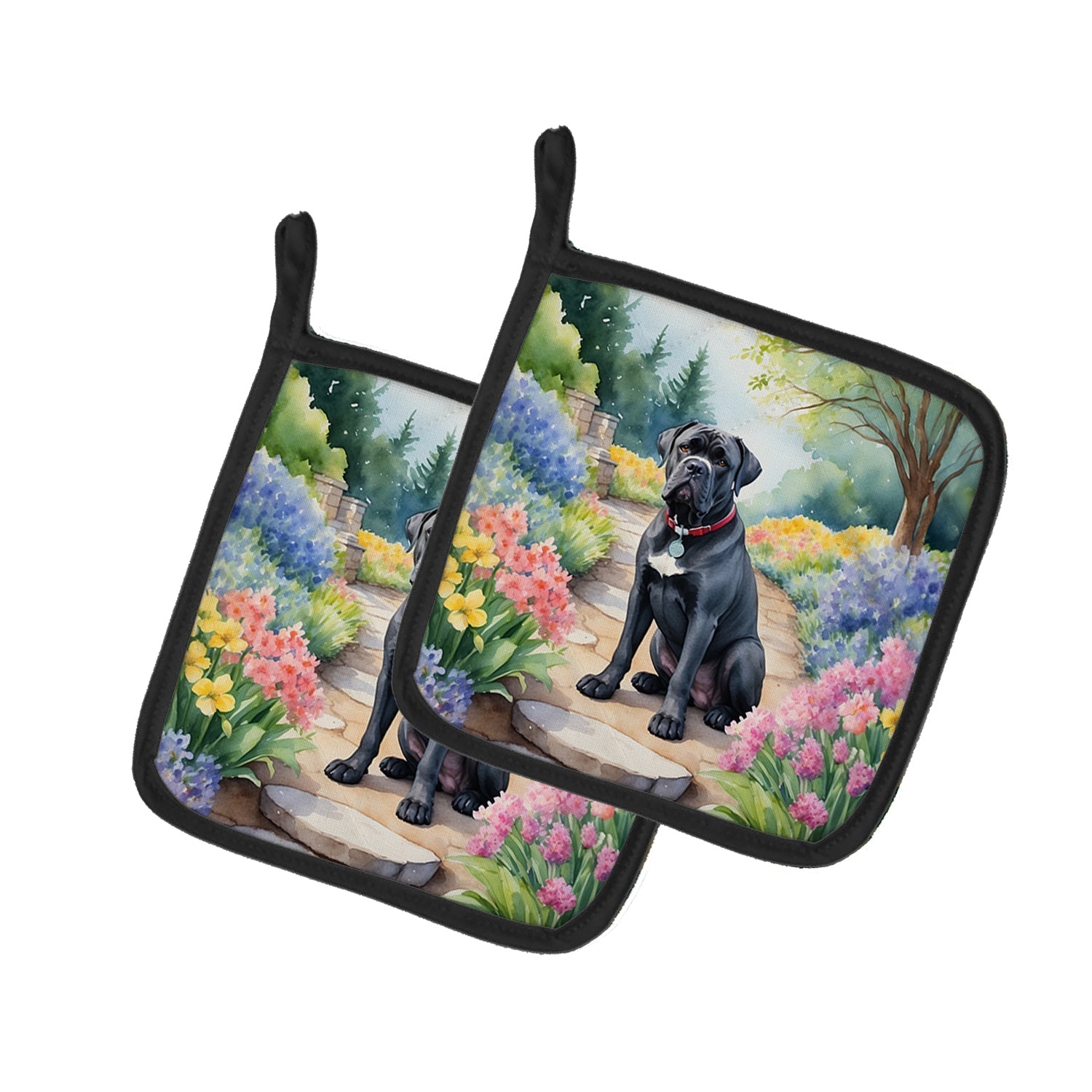 Cane Corso Spring Path Pot Holder Set of 2 Heat Resistant Quilted Hot Pads 7.5 x 7.5 Inch, Insulated Kitchen Trivets for Cooking & Baking
