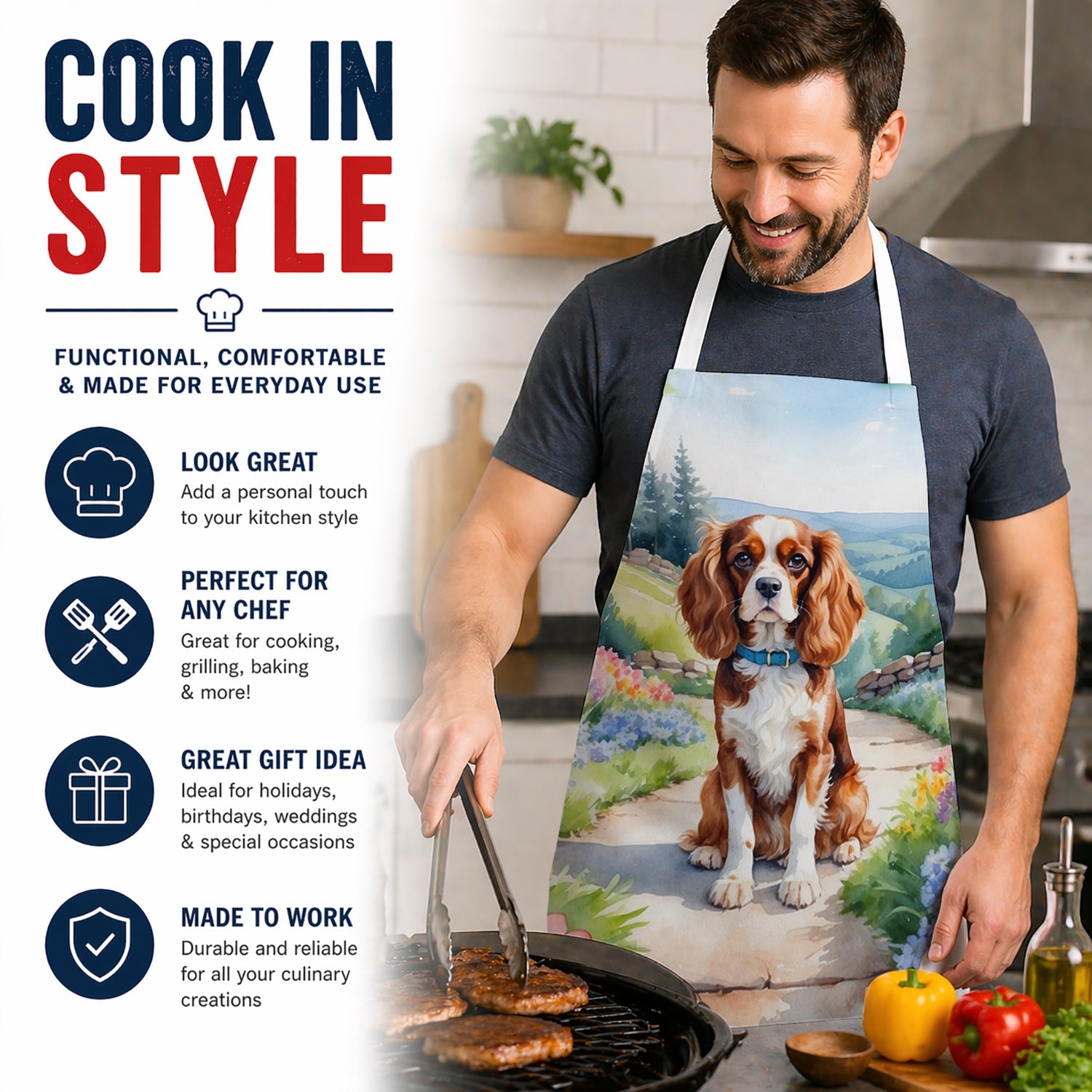 Cavalier Spaniel Spring Path Apron Cooking Kitchen Server Baking Crafts Gardening for Adult Women Men, Unisex, Large, Multicolor