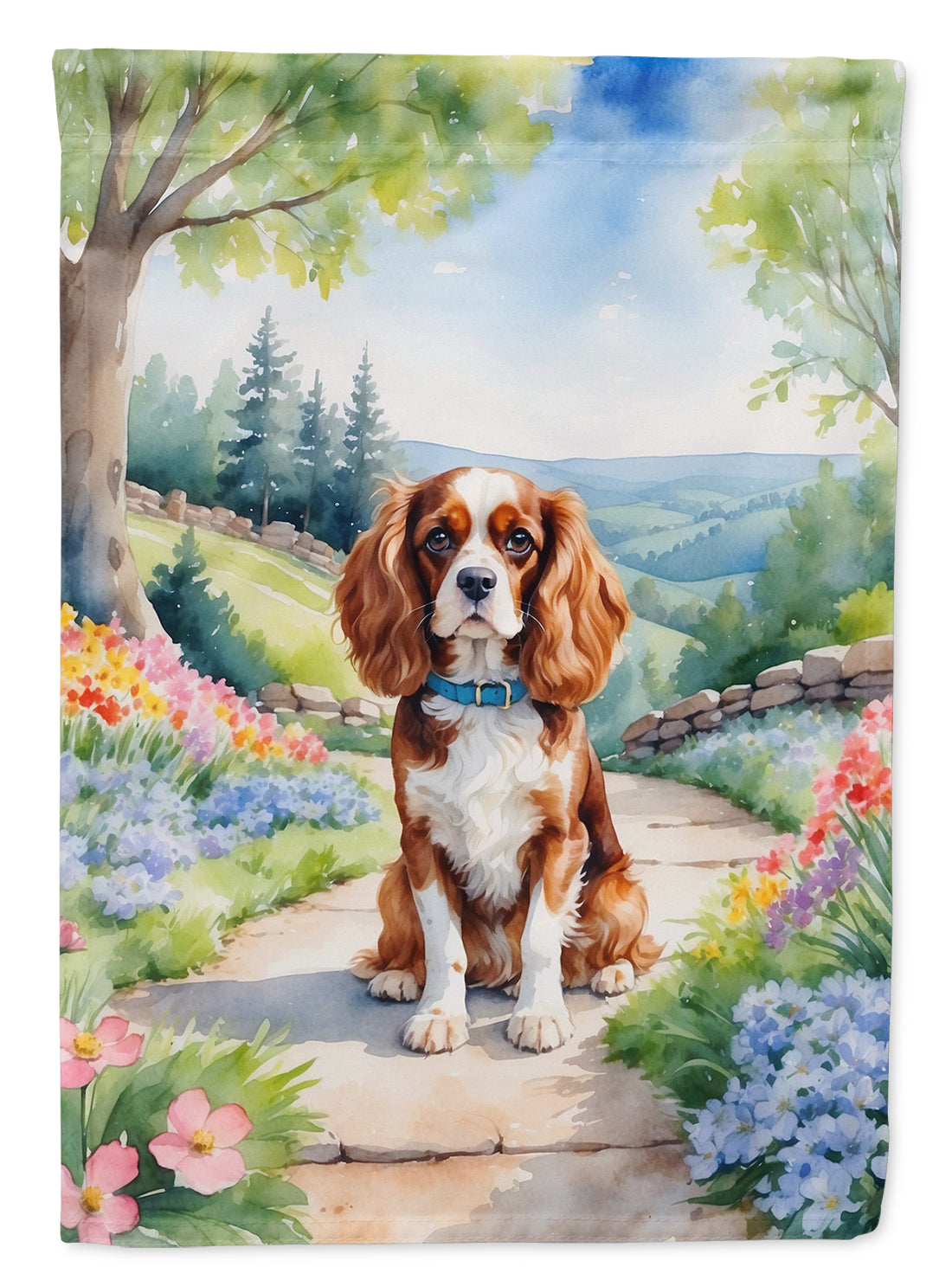 Cavalier Spaniel Spring Path House Flag 28x40 Porch Sleeve Pole Decorative Outside Yard Banner Artwork Wall Hanging, Polyester