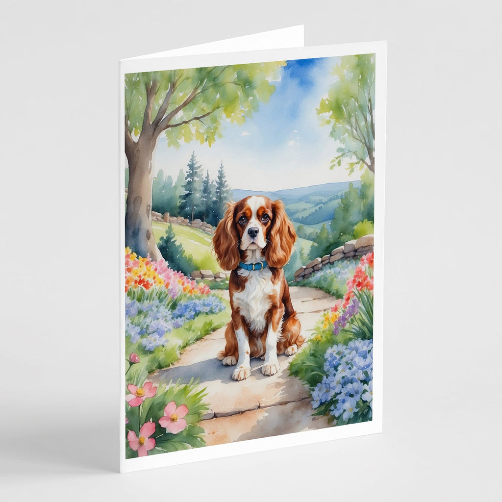 Cavalier Spaniel Spring Path Greeting Cards Pack of 8 Blank Cards with Envelopes Whimsical A7 Size 5x7