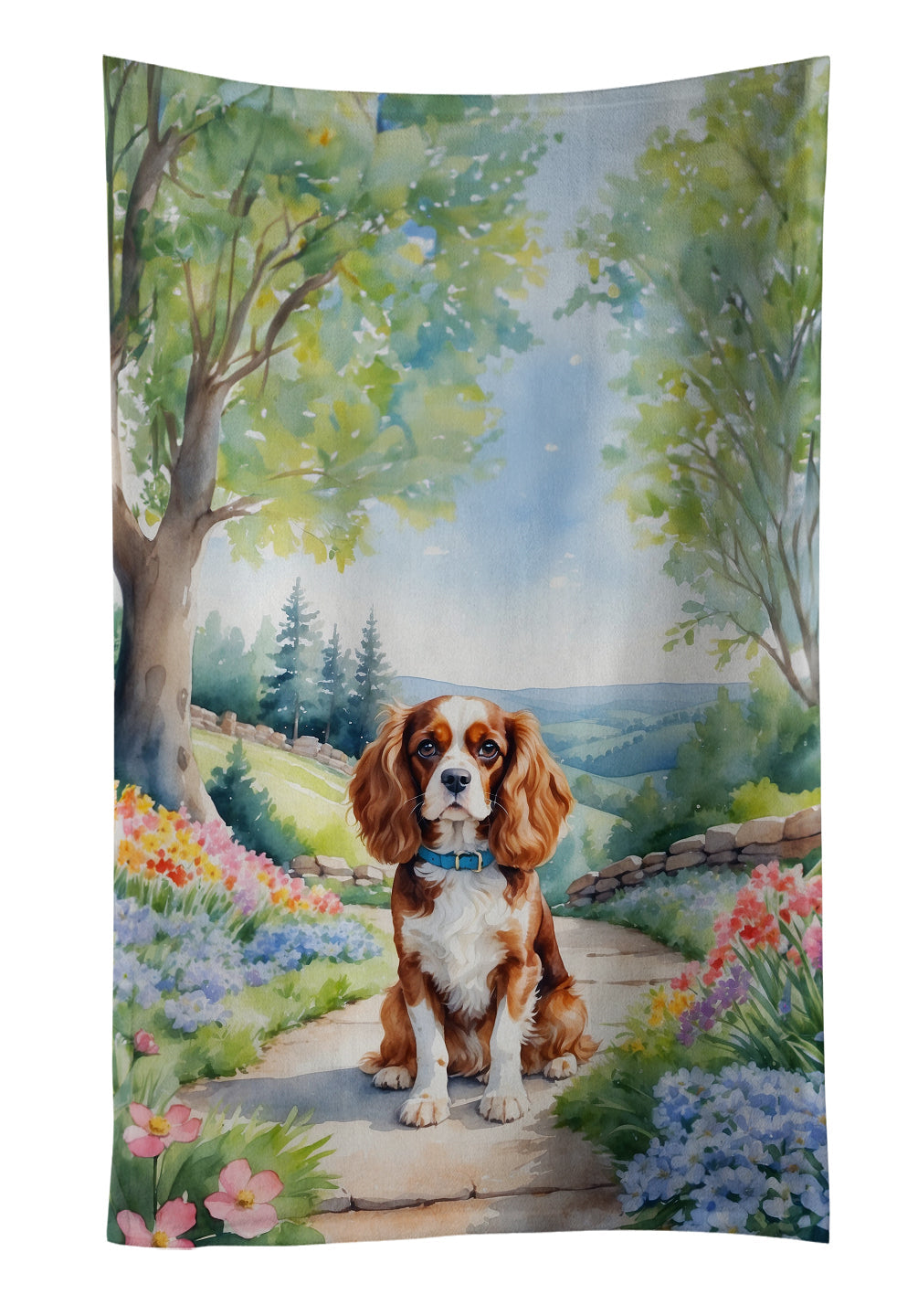 Cavalier Spaniel Spring Path Kitchen Towel Velour Plush Front and Cotton Loop Back Machine Washable