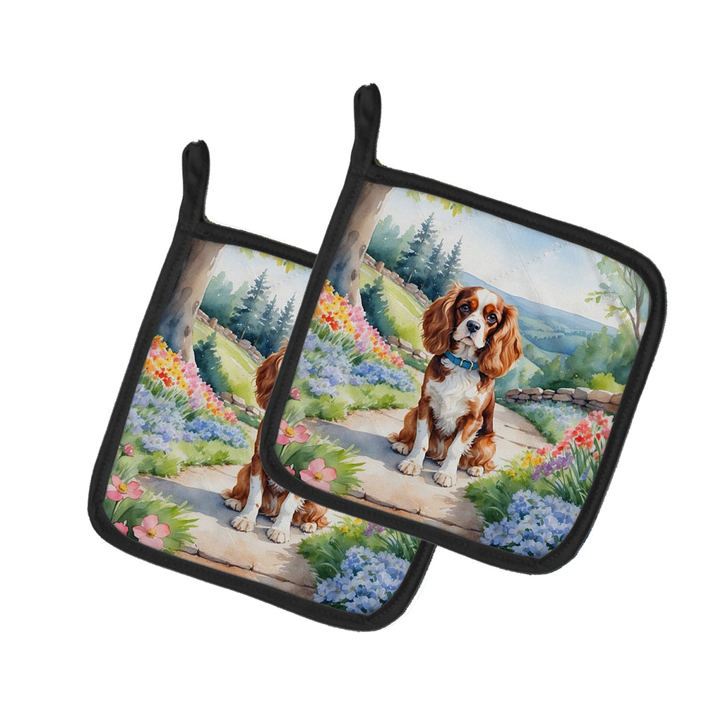 Cavalier Spaniel Spring Path Pot Holder Set of 2 Heat Resistant Quilted Hot Pads 7.5 x 7.5 Inch, Insulated Kitchen Trivets for Cooking & Baking