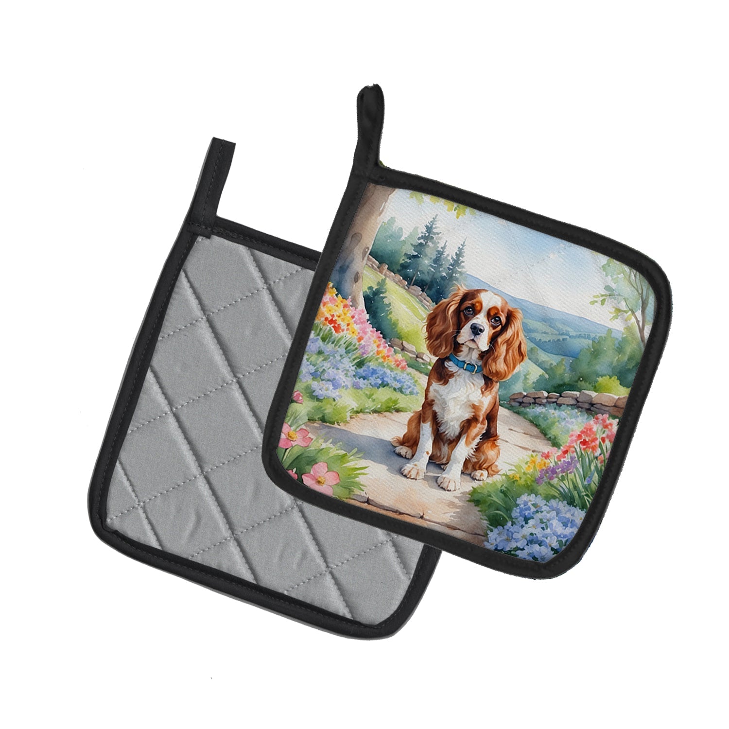 Cavalier Spaniel Spring Path Pot Holder Set of 2 Heat Resistant Quilted Hot Pads 7.5 x 7.5 Inch, Insulated Kitchen Trivets for Cooking & Baking