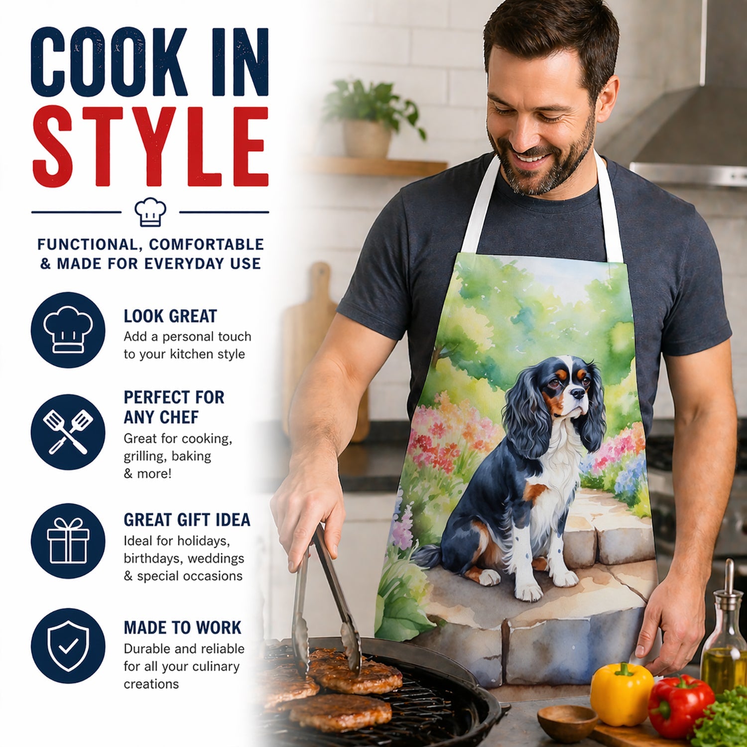 Cavalier Spaniel Spring Path Apron Cooking Kitchen Server Baking Crafts Gardening for Adult Women Men, Unisex, Large, Multicolor