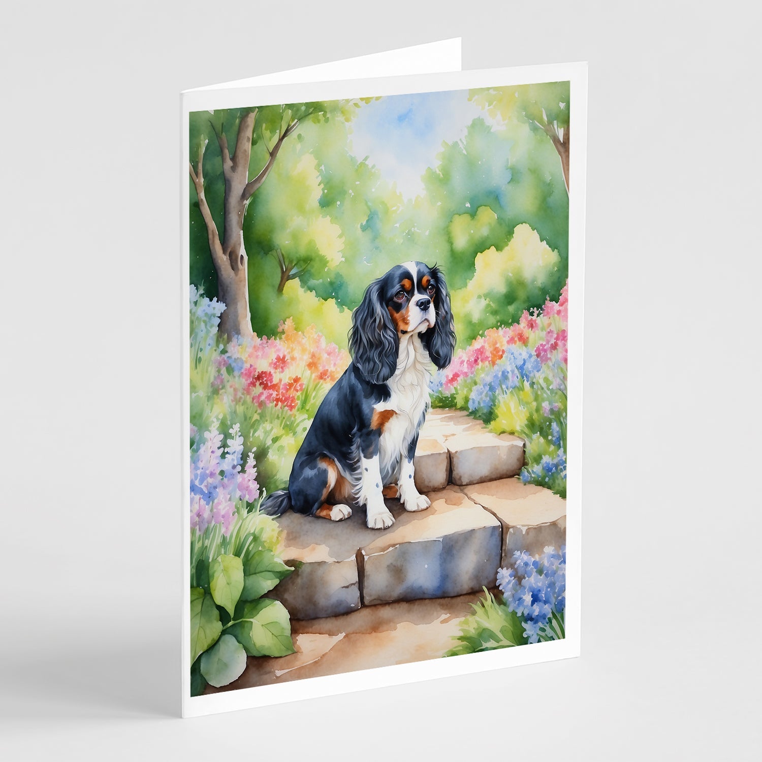 Cavalier Spaniel Spring Path Greeting Cards Pack of 8 Blank Cards with Envelopes Whimsical A7 Size 5x7