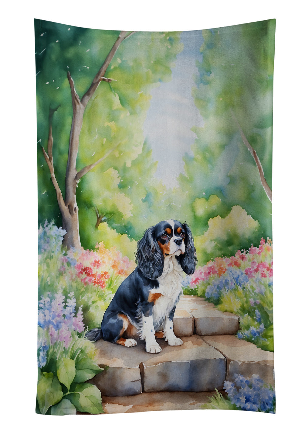 Cavalier Spaniel Spring Path Kitchen Towel Velour Plush Front and Cotton Loop Back Machine Washable