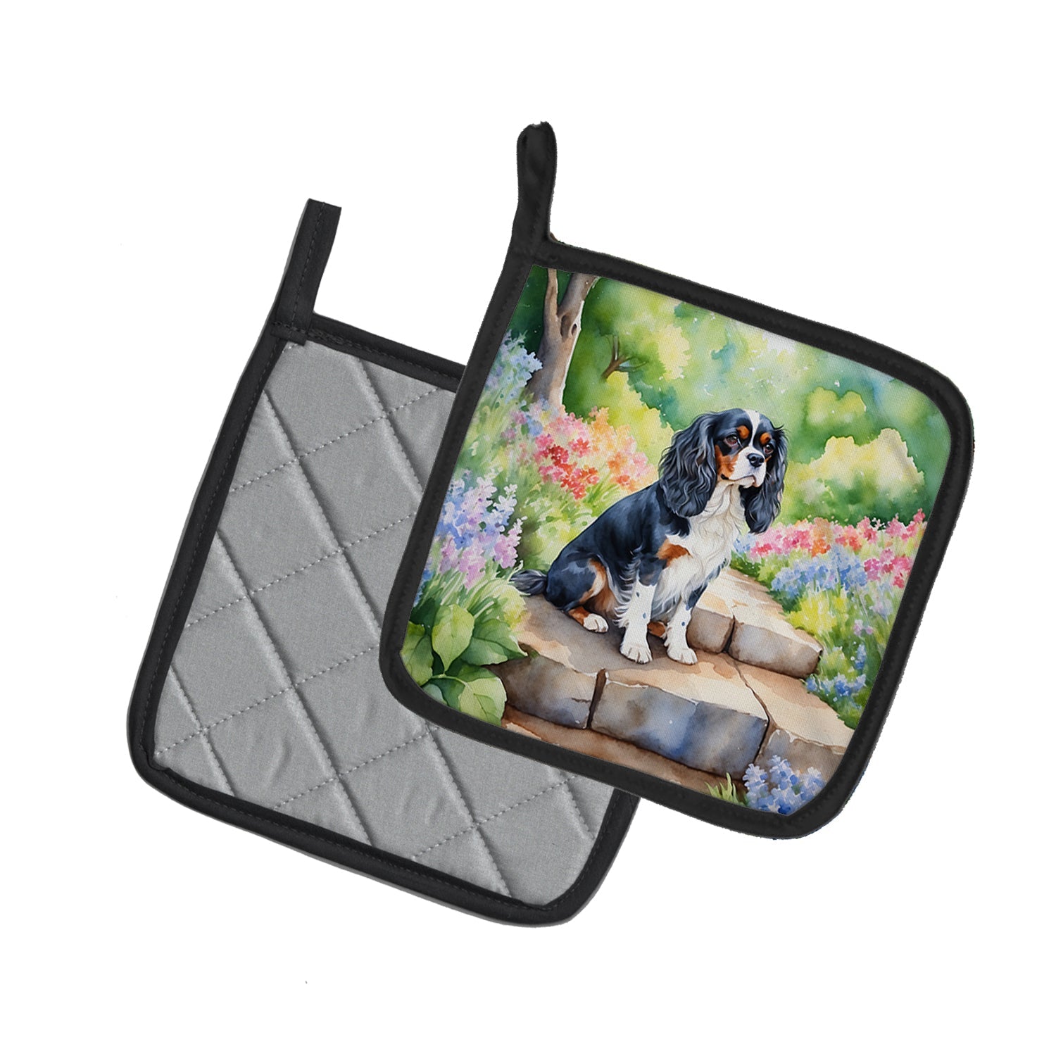 Cavalier Spaniel Spring Path Pot Holder Set of 2 Heat Resistant Quilted Hot Pads 7.5 x 7.5 Inch, Insulated Kitchen Trivets for Cooking & Baking