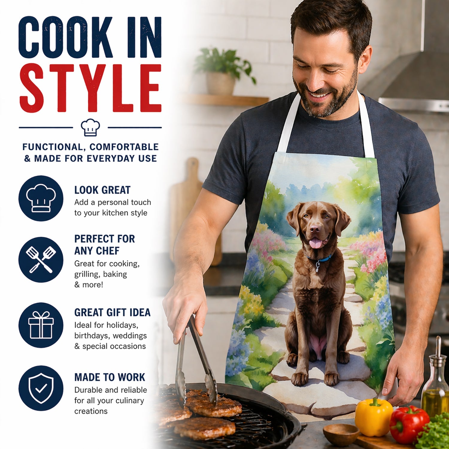 Chesapeake Bay Retriever Spring Path Apron Cooking Kitchen Server Baking Crafts Gardening for Adult Women Men, Unisex, Large, Multicolor