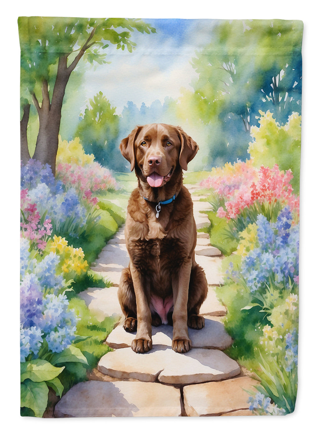 Chesapeake Bay Retriever Spring Path House Flag 28x40 Porch Sleeve Pole Decorative Outside Yard Banner Artwork Wall Hanging, Polyester