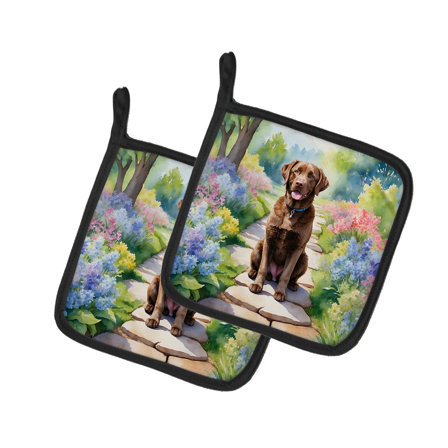 Chesapeake Bay Retriever Spring Path Pot Holder Set of 2 Heat Resistant Quilted Hot Pads 7.5 x 7.5 Inch, Insulated Kitchen Trivets for Cooking & Baking