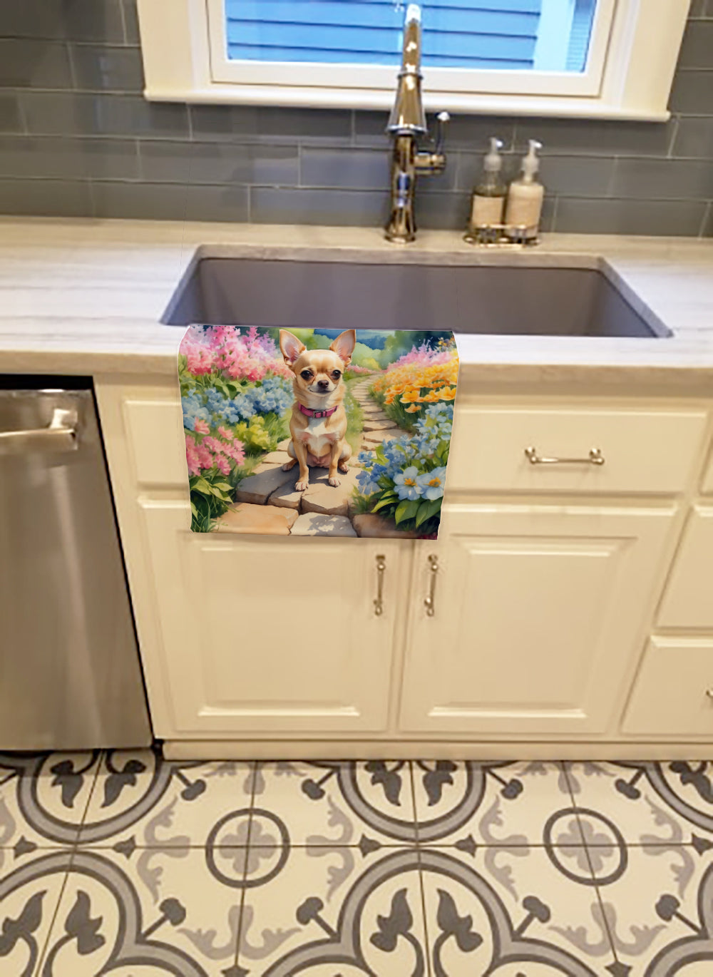 Chihuahua Spring Path Kitchen Towel Velour Plush Front and Cotton Loop Back Machine Washable