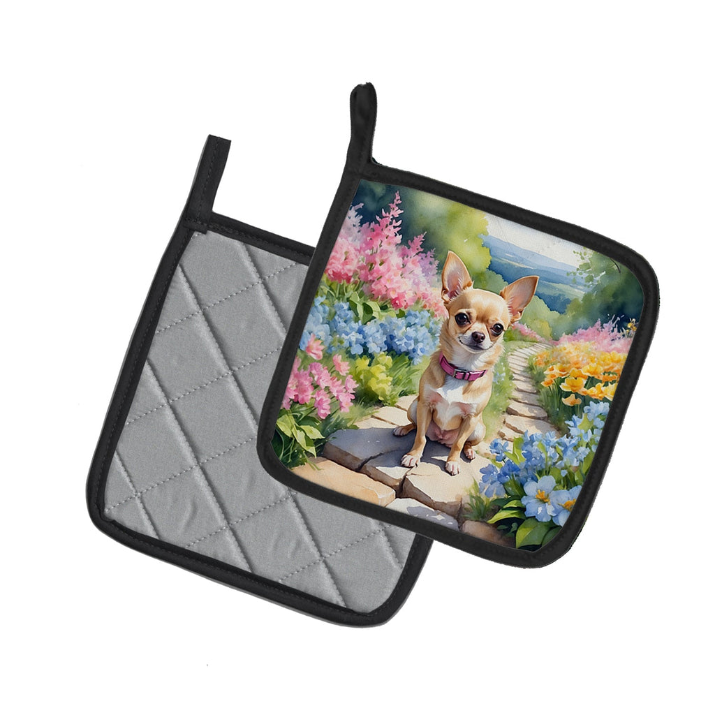 Chihuahua Spring Path Pot Holder Set of 2 Heat Resistant Quilted Hot Pads 7.5 x 7.5 Inch, Insulated Kitchen Trivets for Cooking & Baking