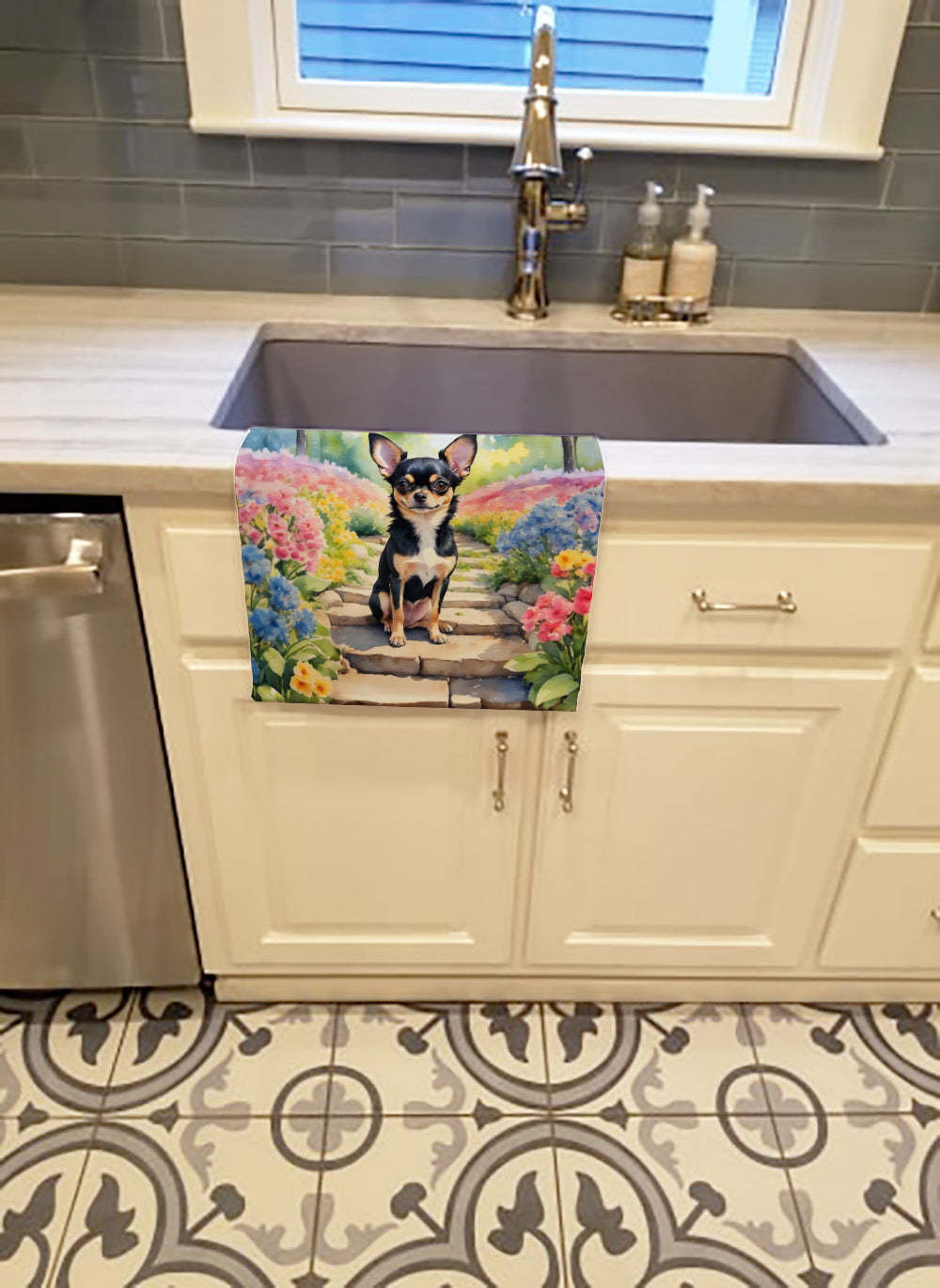 Chihuahua Spring Path Kitchen Towel Velour Plush Front and Cotton Loop Back Machine Washable