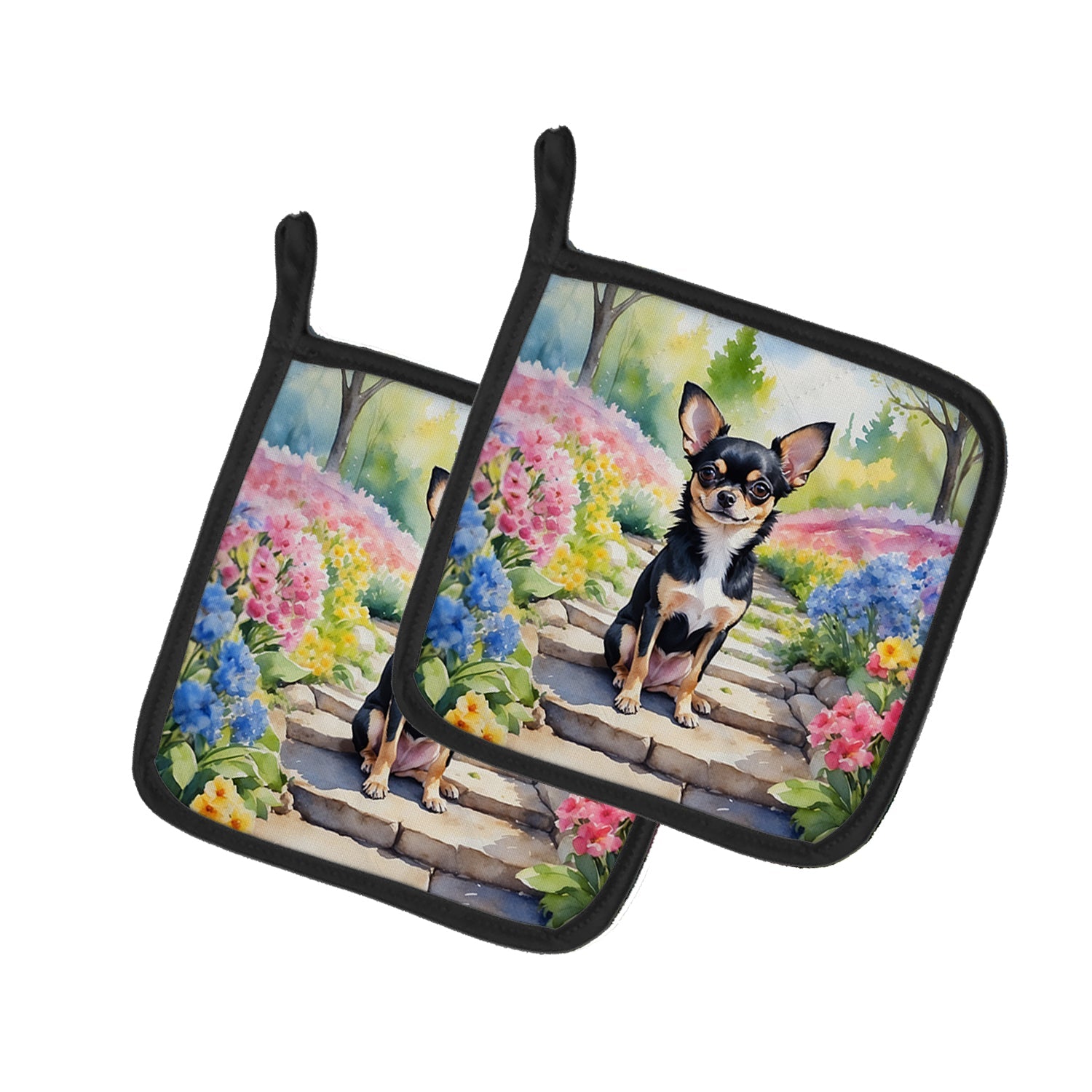 Chihuahua Spring Path Pot Holder Set of 2 Heat Resistant Quilted Hot Pads 7.5 x 7.5 Inch, Insulated Kitchen Trivets for Cooking & Baking