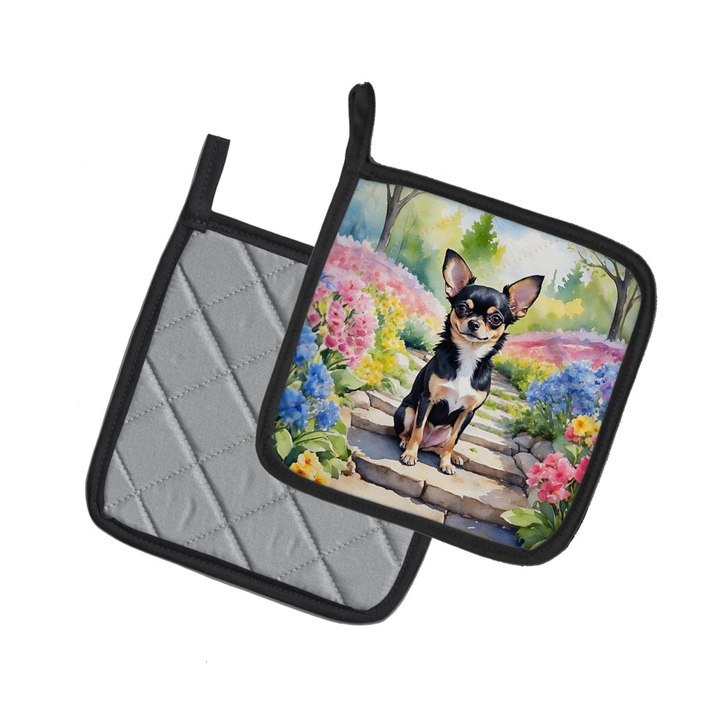 Chihuahua Spring Path Pot Holder Set of 2 Heat Resistant Quilted Hot Pads 7.5 x 7.5 Inch, Insulated Kitchen Trivets for Cooking & Baking