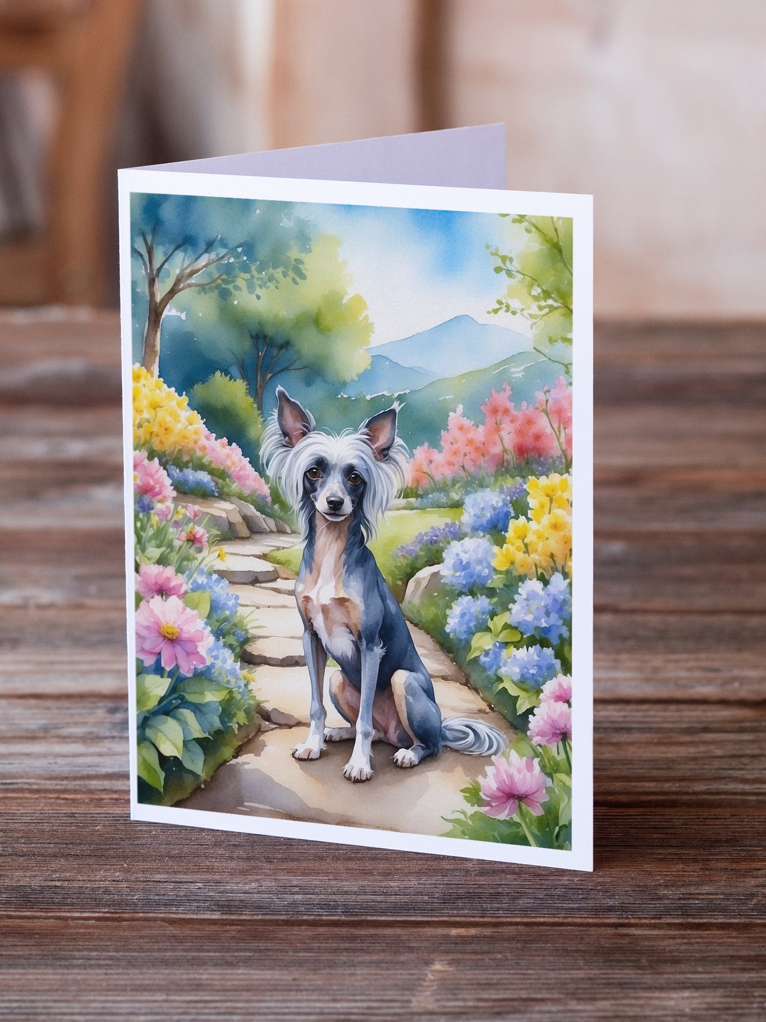 Chinese Crested Spring Path Greeting Cards Pack of 8 Blank Cards with Envelopes Whimsical A7 Size 5x7