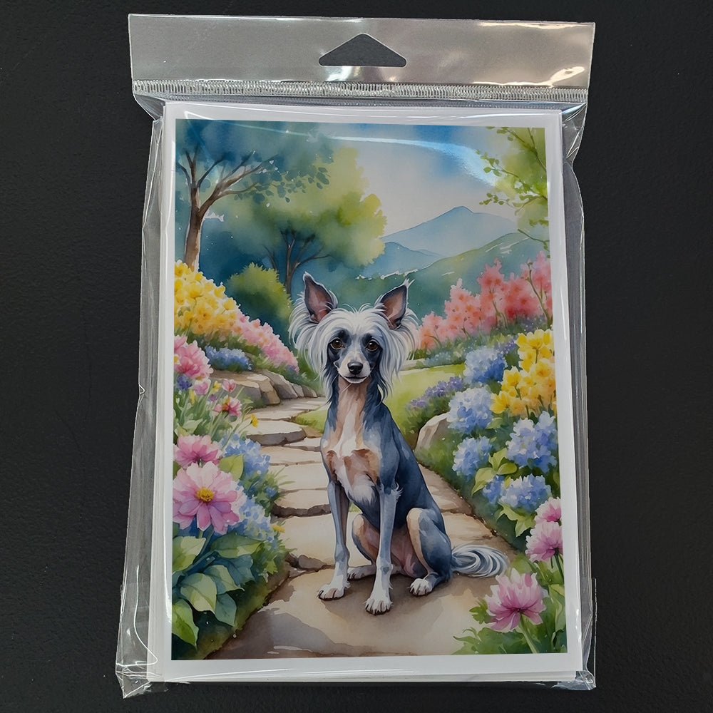 Chinese Crested Spring Path Greeting Cards Pack of 8 Blank Cards with Envelopes Whimsical A7 Size 5x7
