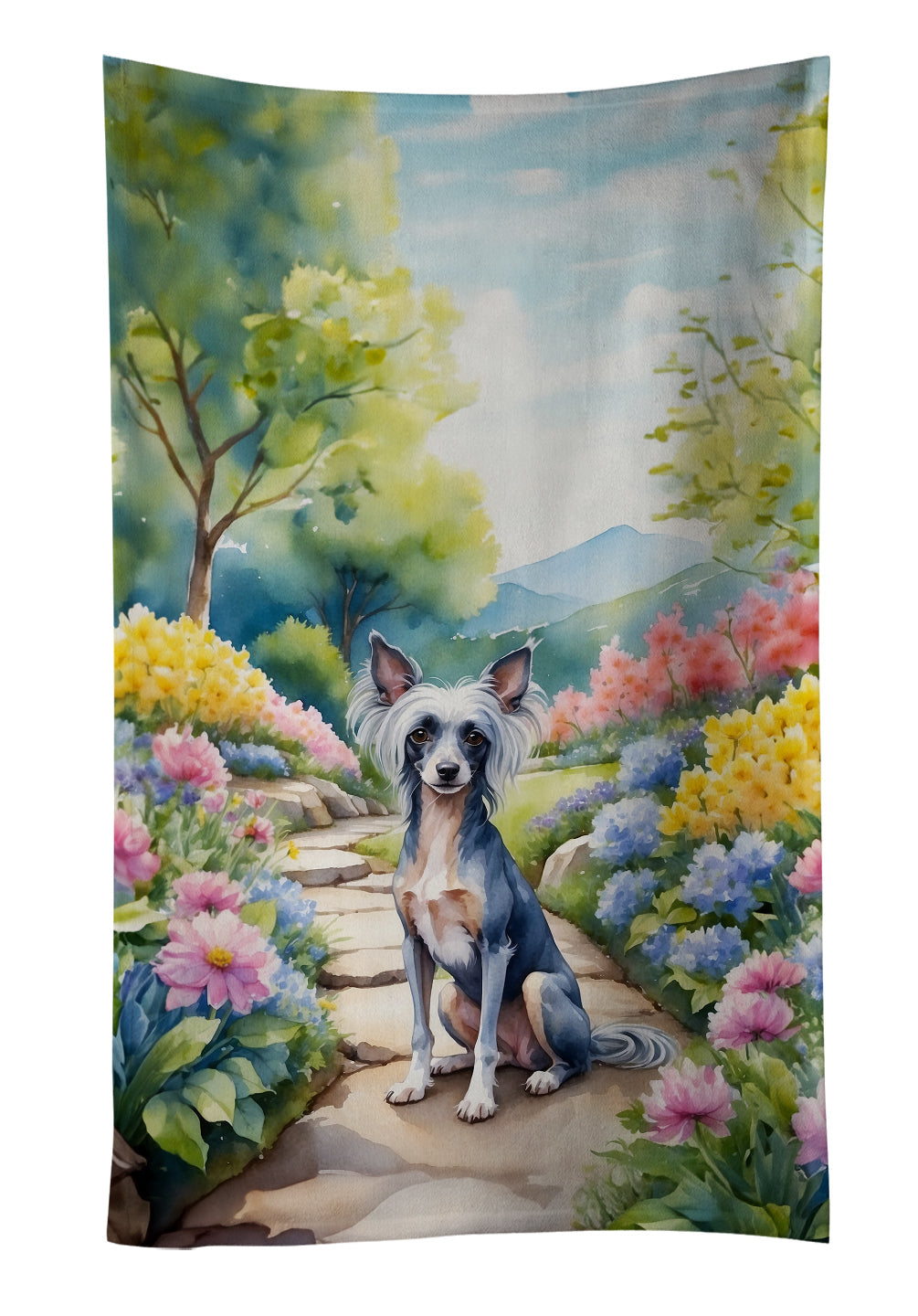 Chinese Crested Spring Path Kitchen Towel Velour Plush Front and Cotton Loop Back Machine Washable