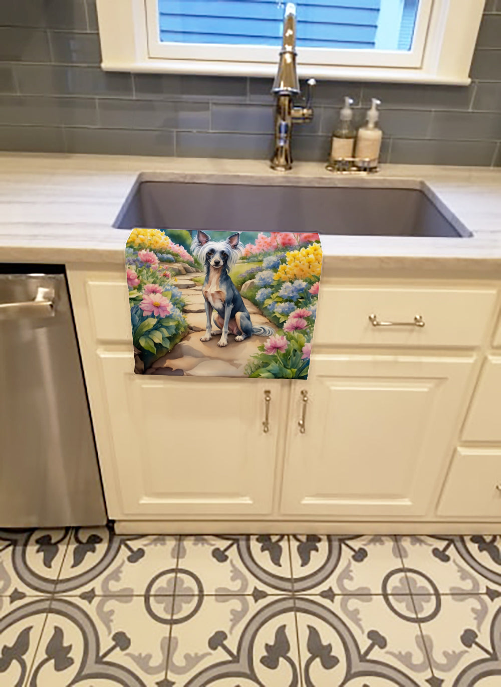 Chinese Crested Spring Path Kitchen Towel Velour Plush Front and Cotton Loop Back Machine Washable