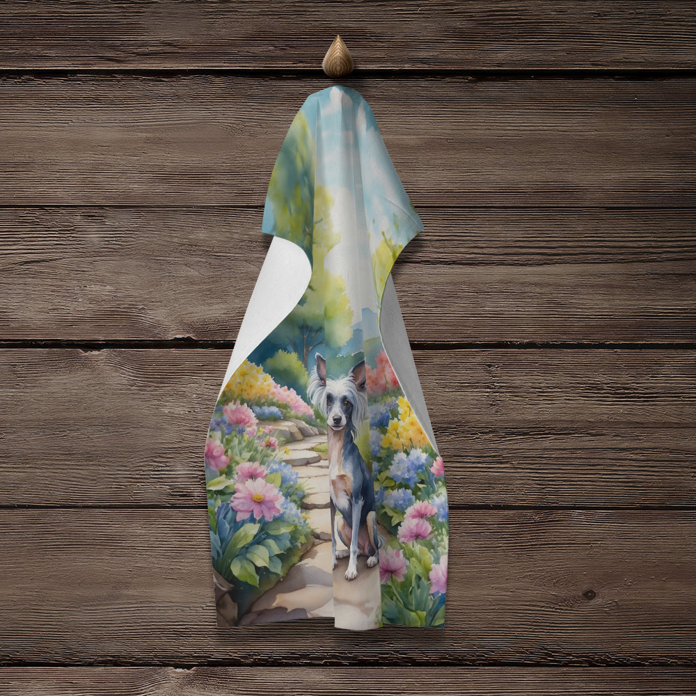 Chinese Crested Spring Path Kitchen Towel Velour Plush Front and Cotton Loop Back Machine Washable