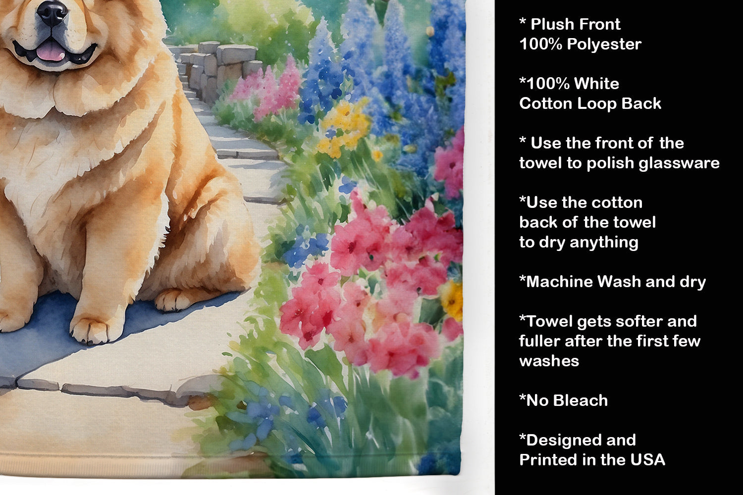 Chow Chow Spring Path Kitchen Towel Velour Plush Front and Cotton Loop Back Machine Washable