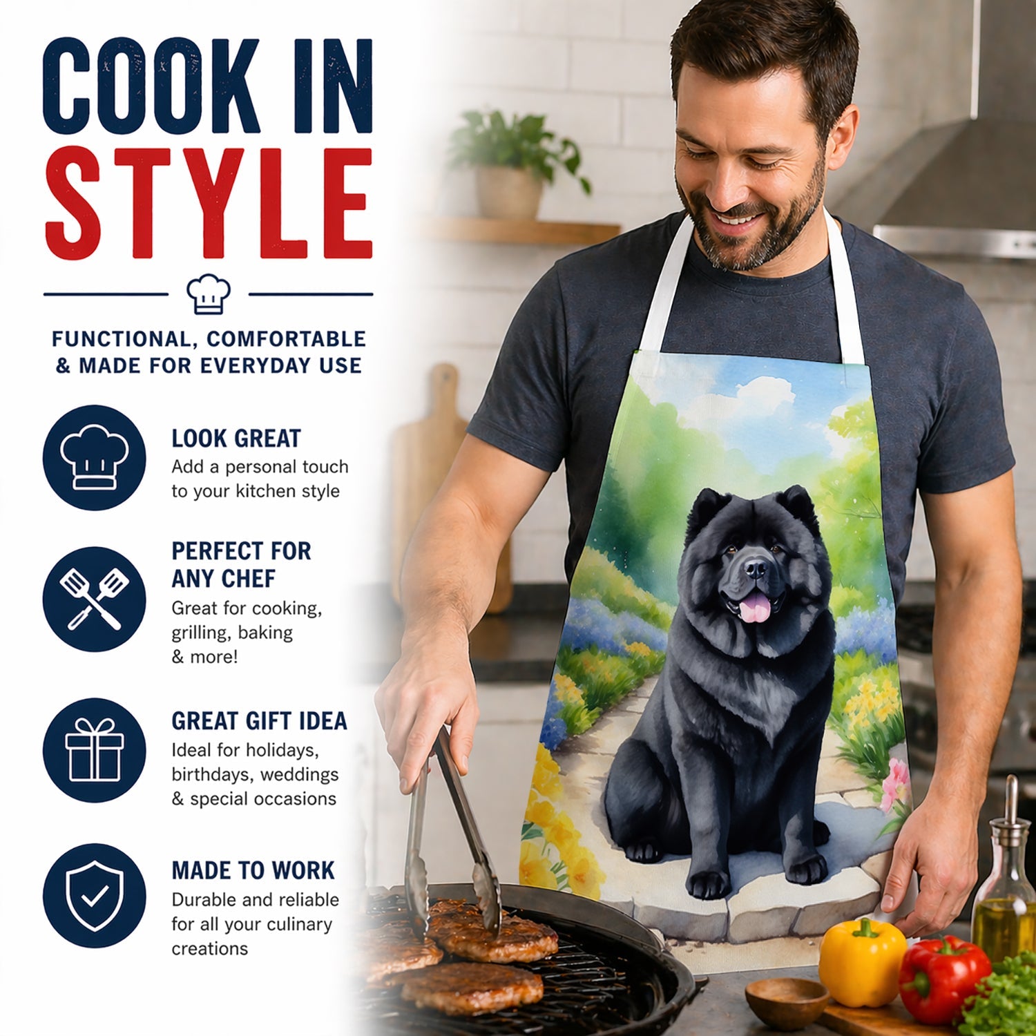 Chow Chow Spring Path Apron Cooking Kitchen Server Baking Crafts Gardening for Adult Women Men, Unisex, Large, Multicolor