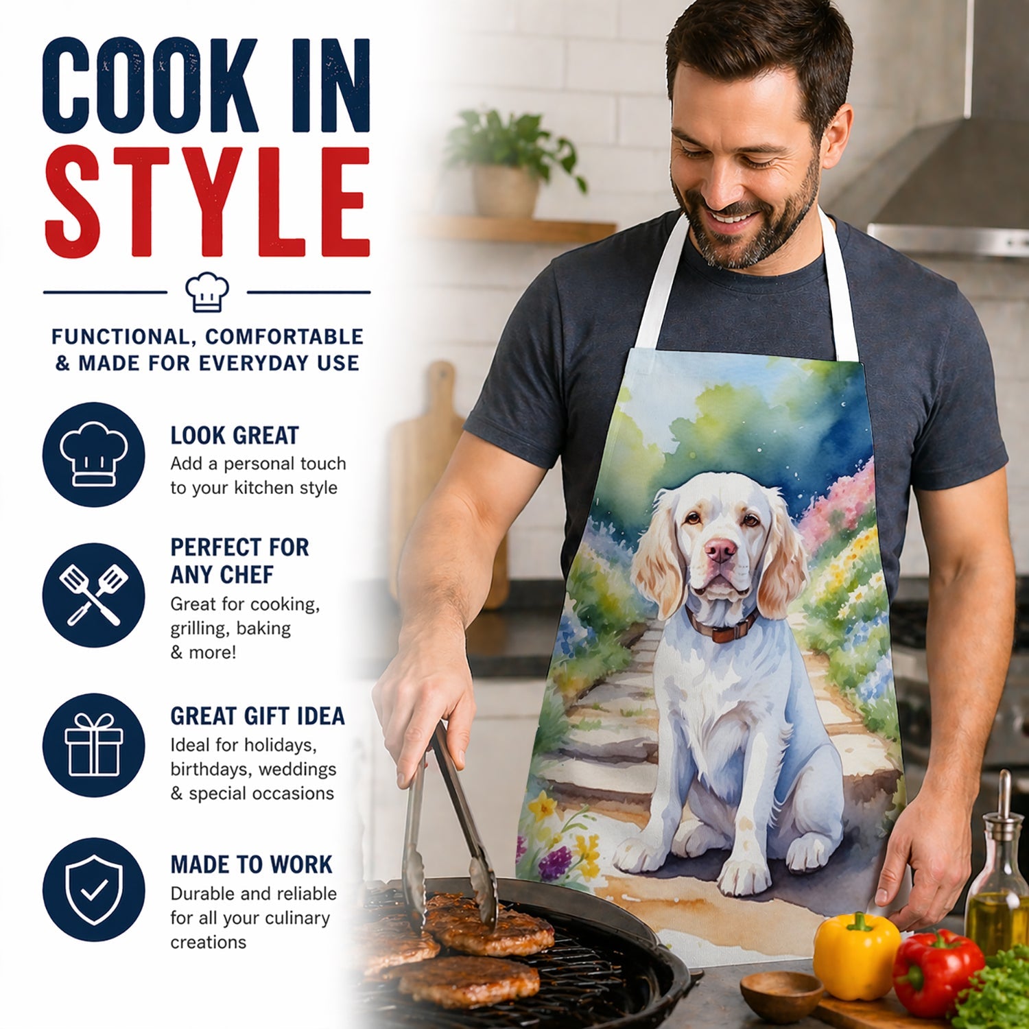 Clumber Spaniel Spring Path Apron Cooking Kitchen Server Baking Crafts Gardening for Adult Women Men, Unisex, Large, Multicolor
