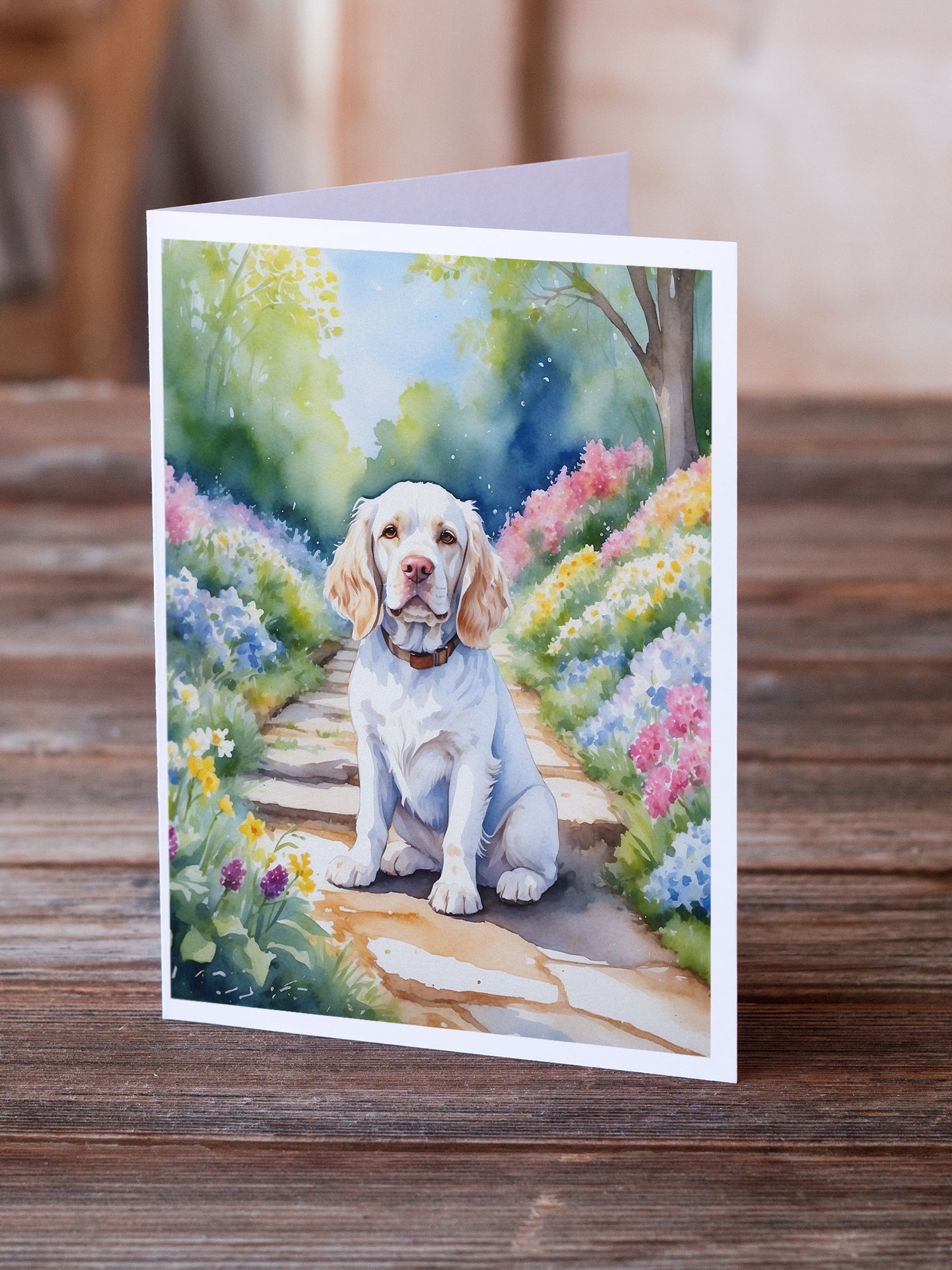 Clumber Spaniel Spring Path Greeting Cards Pack of 8 Blank Cards with Envelopes Whimsical A7 Size 5x7
