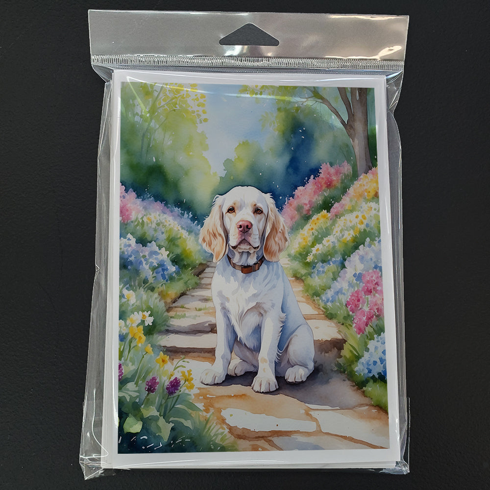 Clumber Spaniel Spring Path Greeting Cards Pack of 8 Blank Cards with Envelopes Whimsical A7 Size 5x7