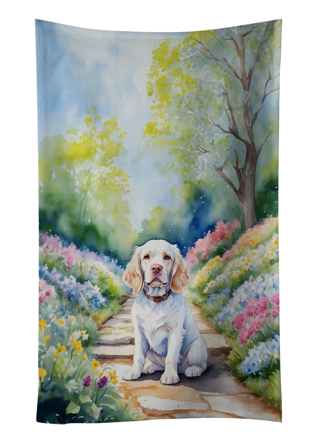 Clumber Spaniel Spring Path Kitchen Towel Velour Plush Front and Cotton Loop Back Machine Washable