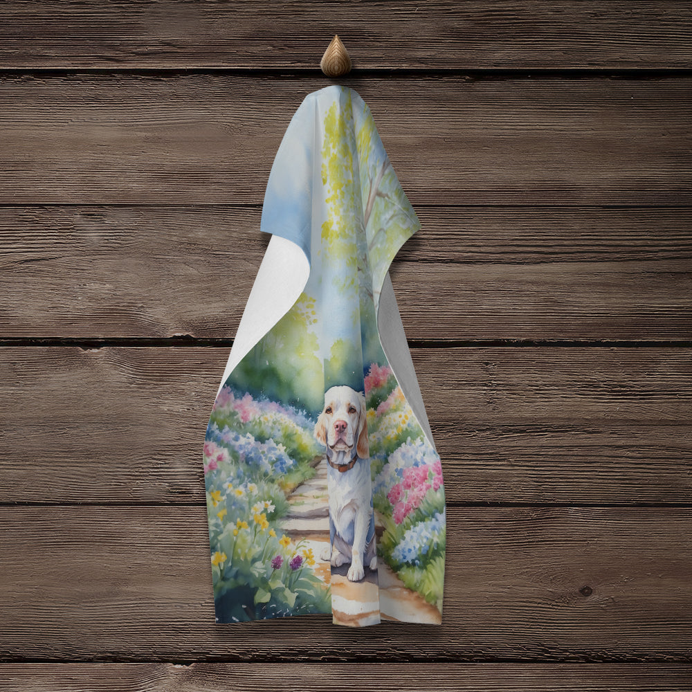 Clumber Spaniel Spring Path Kitchen Towel Velour Plush Front and Cotton Loop Back Machine Washable