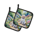 Clumber Spaniel Spring Path Pot Holder Set of 2 Heat Resistant Quilted Hot Pads 7.5 x 7.5 Inch, Insulated Kitchen Trivets for Cooking & Baking