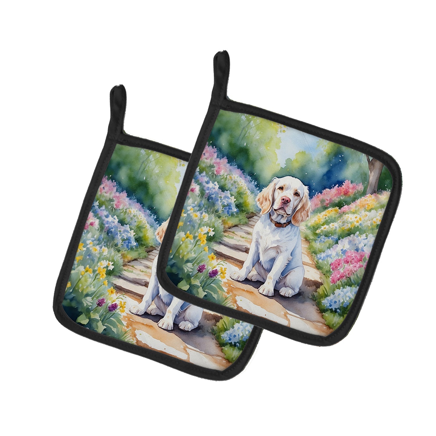 Clumber Spaniel Spring Path Pot Holder Set of 2 Heat Resistant Quilted Hot Pads 7.5 x 7.5 Inch, Insulated Kitchen Trivets for Cooking & Baking