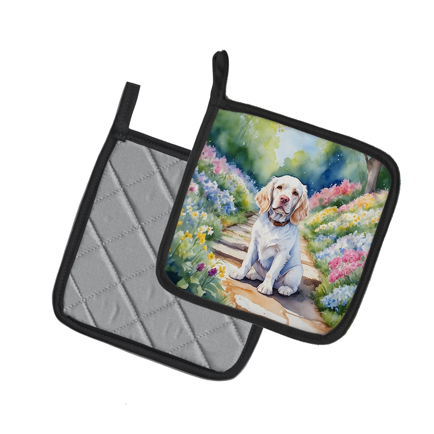 Clumber Spaniel Spring Path Pot Holder Set of 2 Heat Resistant Quilted Hot Pads 7.5 x 7.5 Inch, Insulated Kitchen Trivets for Cooking & Baking