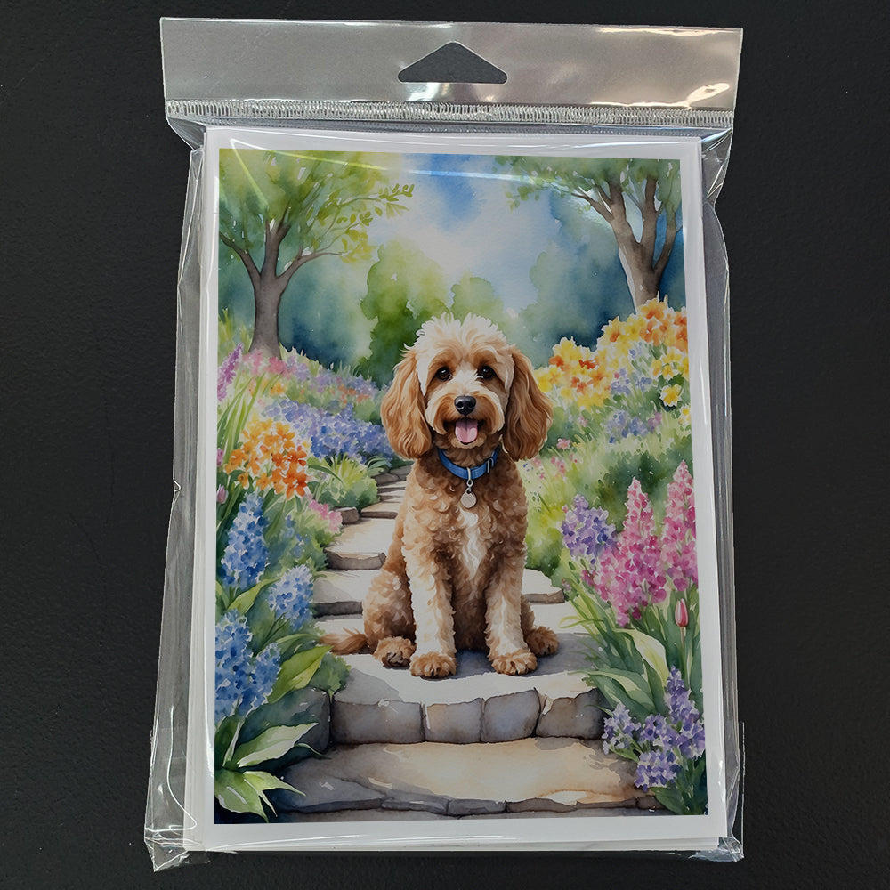 Cockapoo Spring Path Greeting Cards Pack of 8 Blank Cards with Envelopes Whimsical A7 Size 5x7