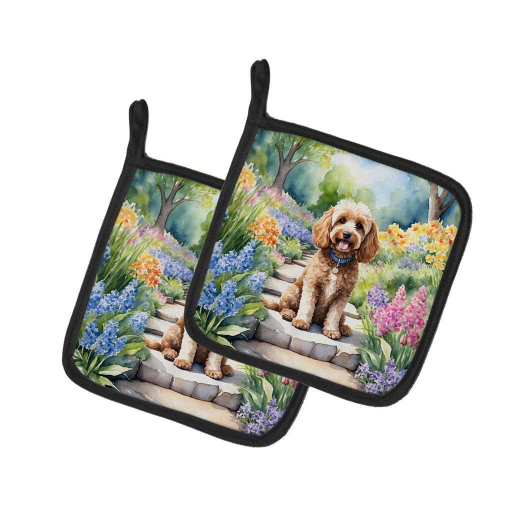 Cockapoo Spring Path Pot Holder Set of 2 Heat Resistant Quilted Hot Pads 7.5 x 7.5 Inch, Insulated Kitchen Trivets for Cooking & Baking