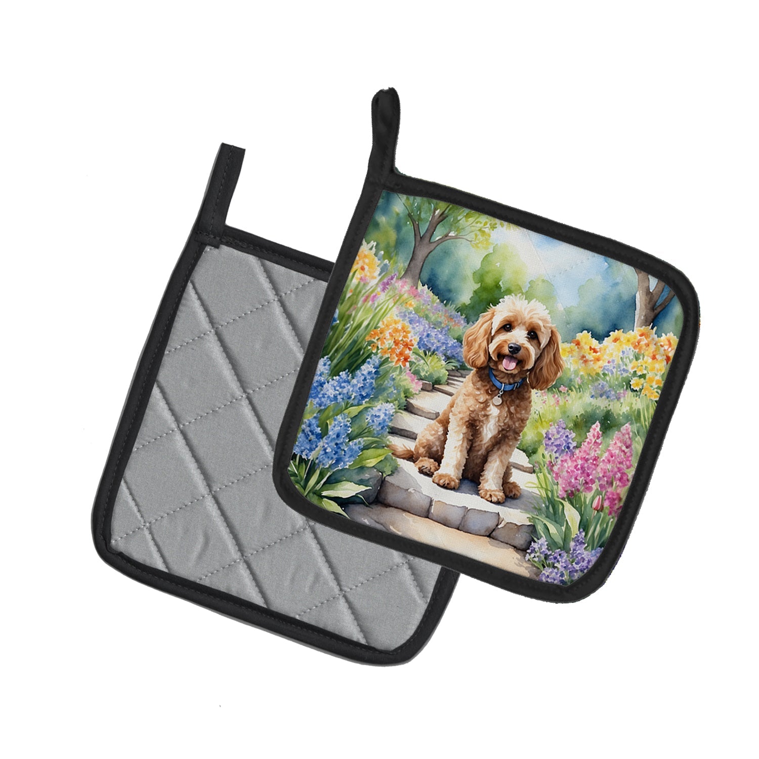 Cockapoo Spring Path Pot Holder Set of 2 Heat Resistant Quilted Hot Pads 7.5 x 7.5 Inch, Insulated Kitchen Trivets for Cooking & Baking