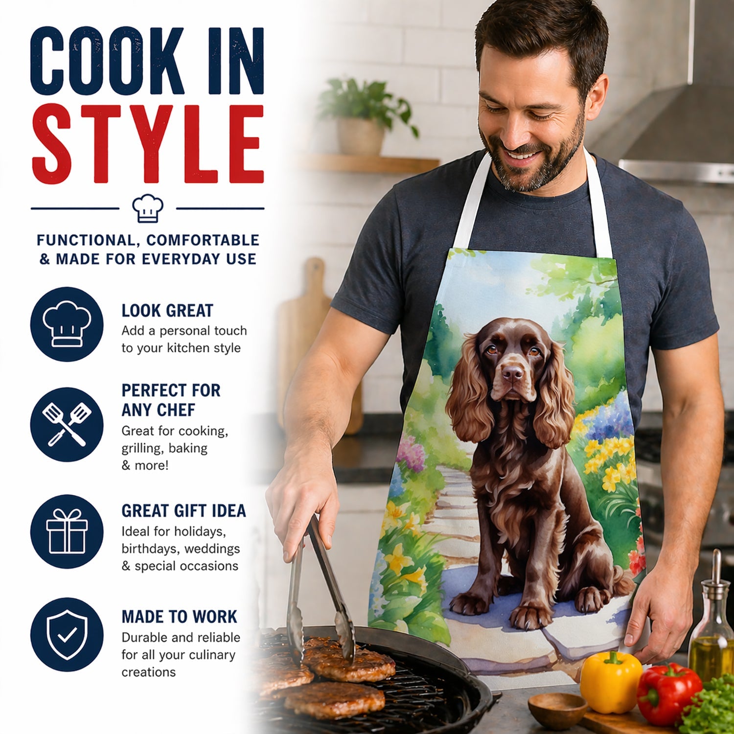 Cocker Spaniel Spring Path Apron Cooking Kitchen Server Baking Crafts Gardening for Adult Women Men, Unisex, Large, Multicolor