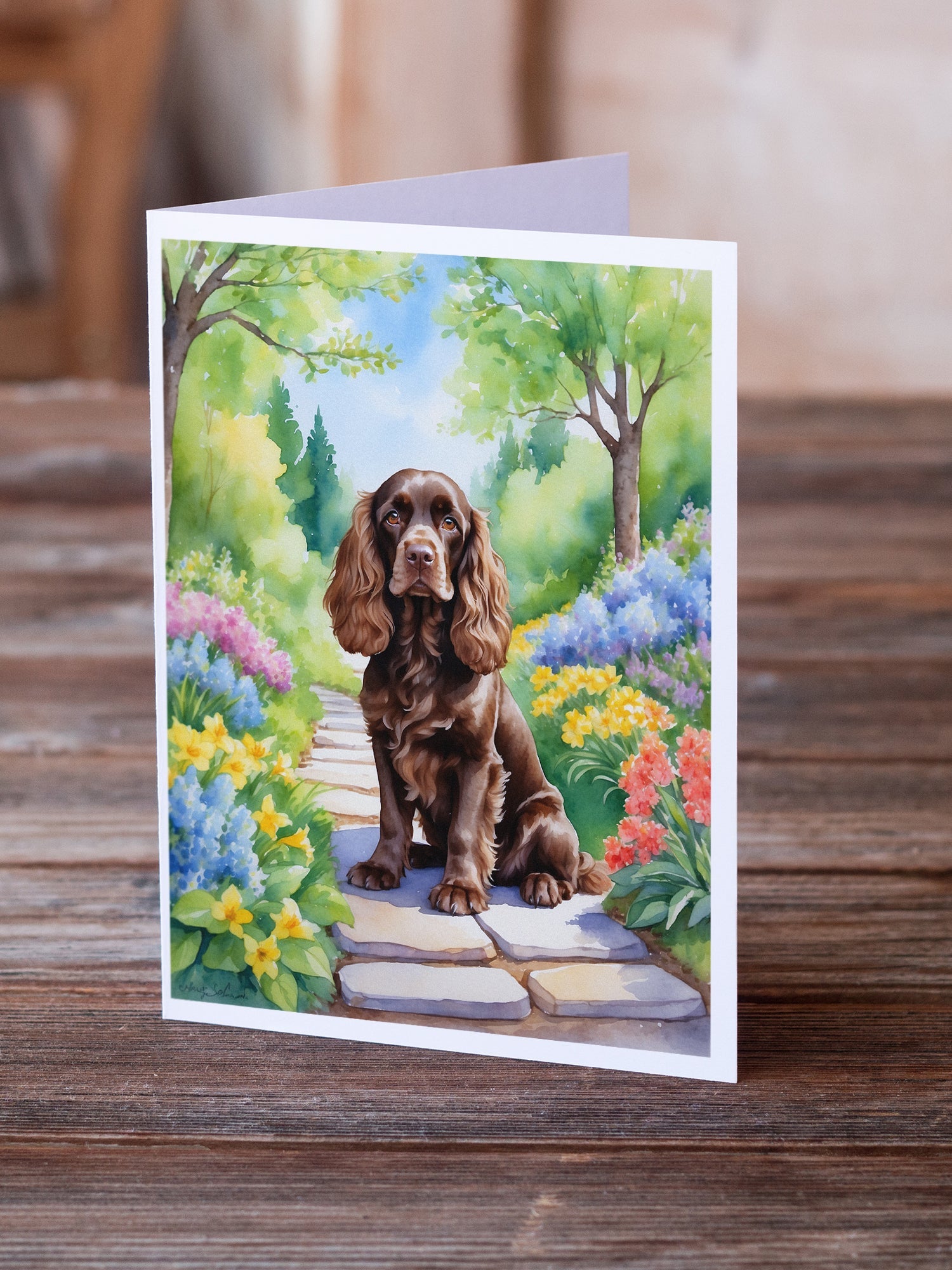 Cocker Spaniel Spring Path Greeting Cards Pack of 8 Blank Cards with Envelopes Whimsical A7 Size 5x7