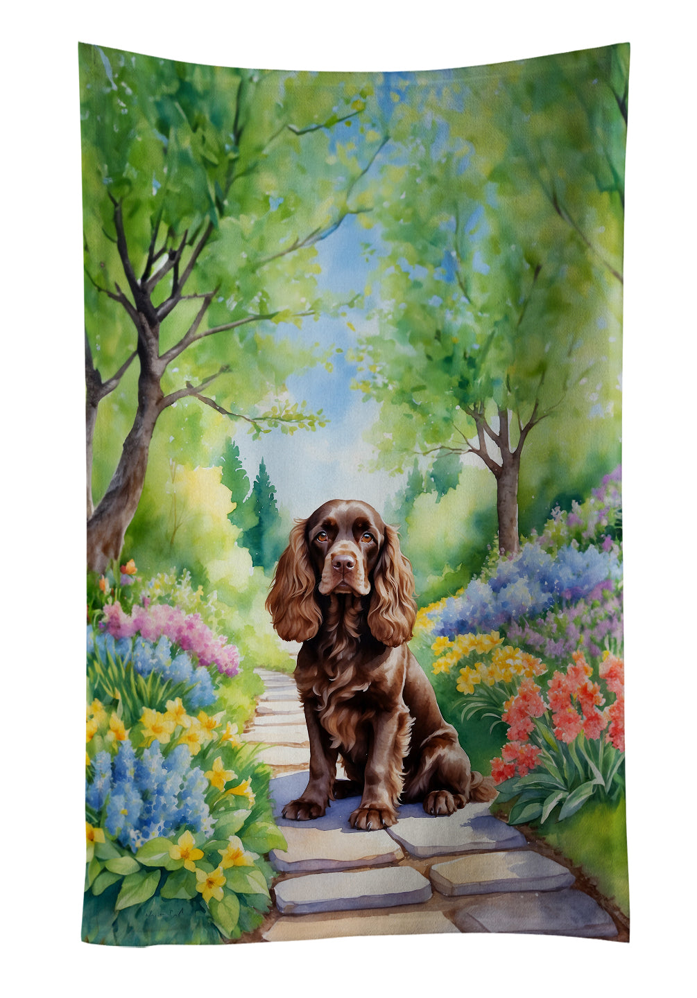 Cocker Spaniel Spring Path Kitchen Towel Velour Plush Front and Cotton Loop Back Machine Washable