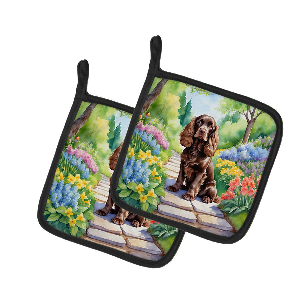 Cocker Spaniel Spring Path Pot Holder Set of 2 Heat Resistant Quilted Hot Pads 7.5 x 7.5 Inch, Insulated Kitchen Trivets for Cooking & Baking