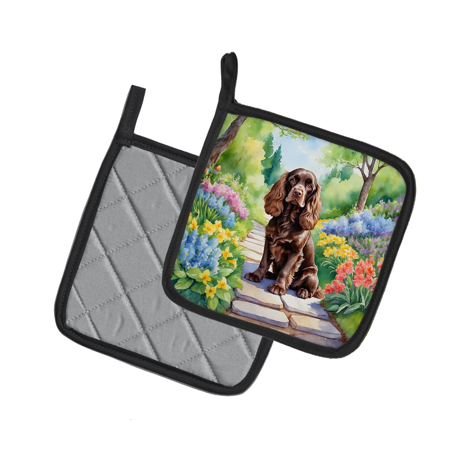 Cocker Spaniel Spring Path Pot Holder Set of 2 Heat Resistant Quilted Hot Pads 7.5 x 7.5 Inch, Insulated Kitchen Trivets for Cooking & Baking